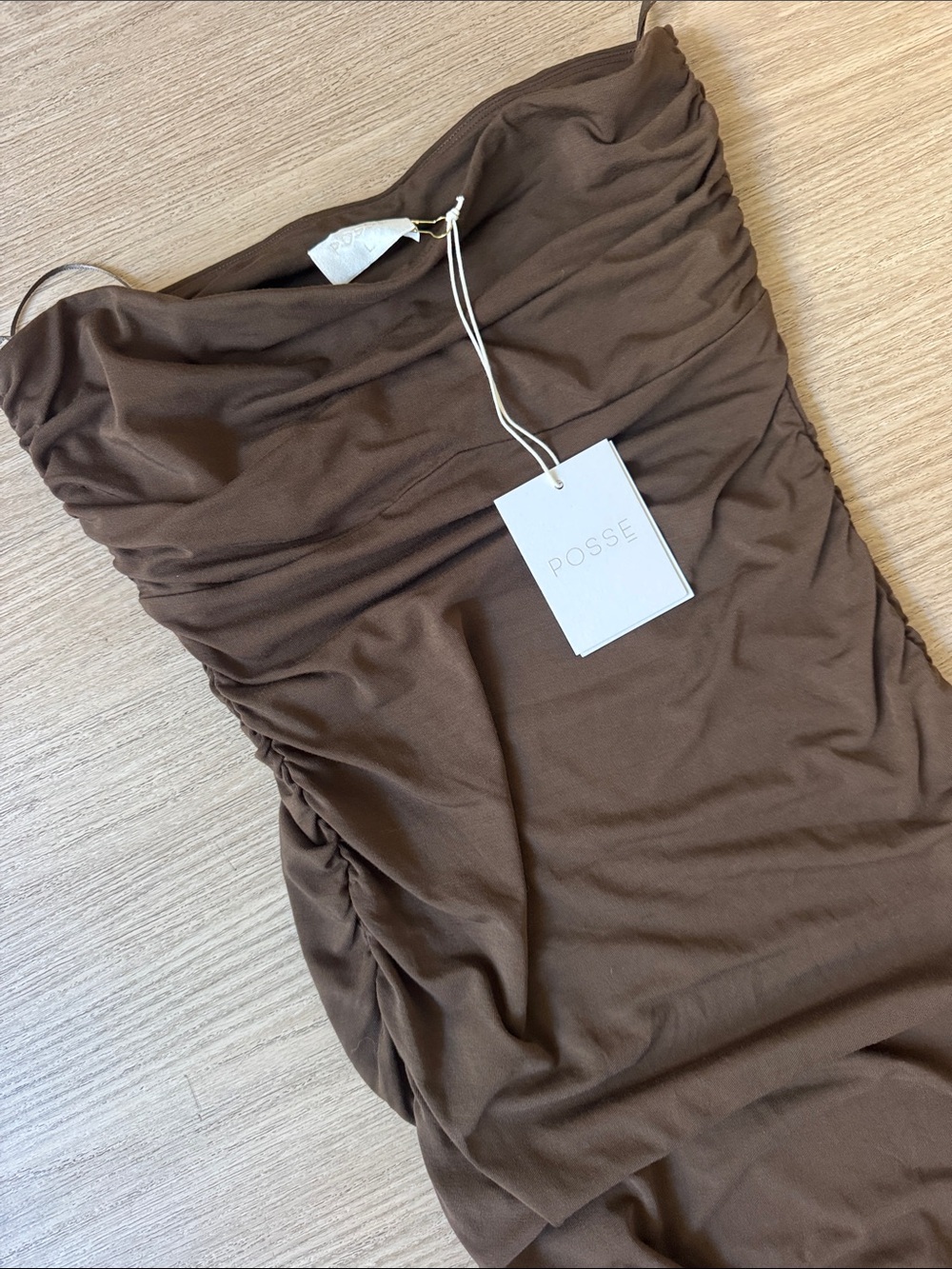 Posse Brown Strapless Ruched Bodycon Dress